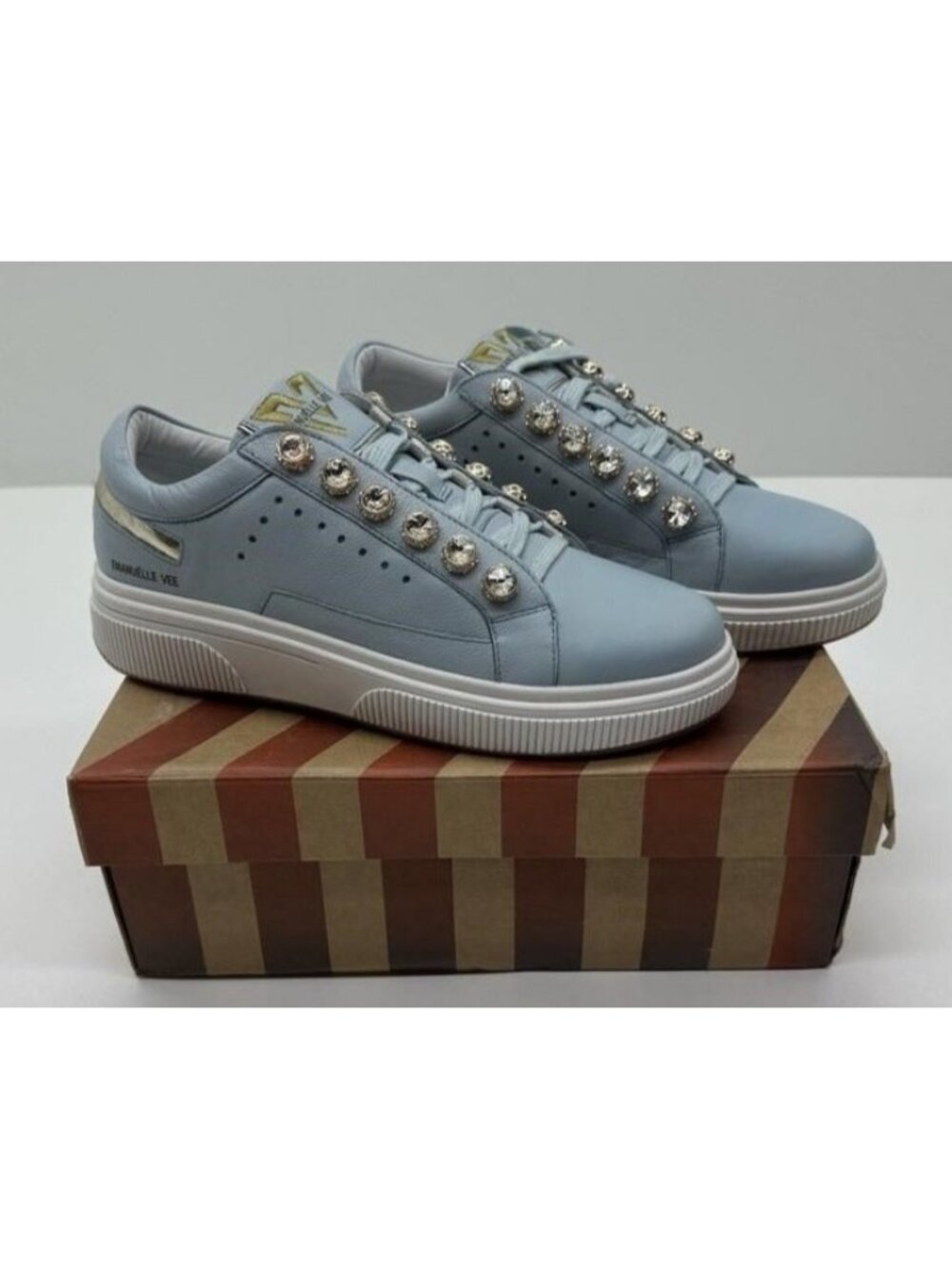 Emanuelle Vee Celeste July Strass Pelle Blue Rhinestone Embellished Sneakers 40